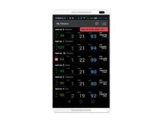 Smartphone displaying a dark-themed app interface with a list of data entries, numerical values, and red alert indicators