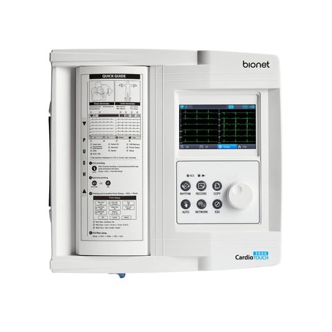 Bionet CardioTAC-12 portable ECG monitor with display screen and control buttons showing cardiac waveform readout