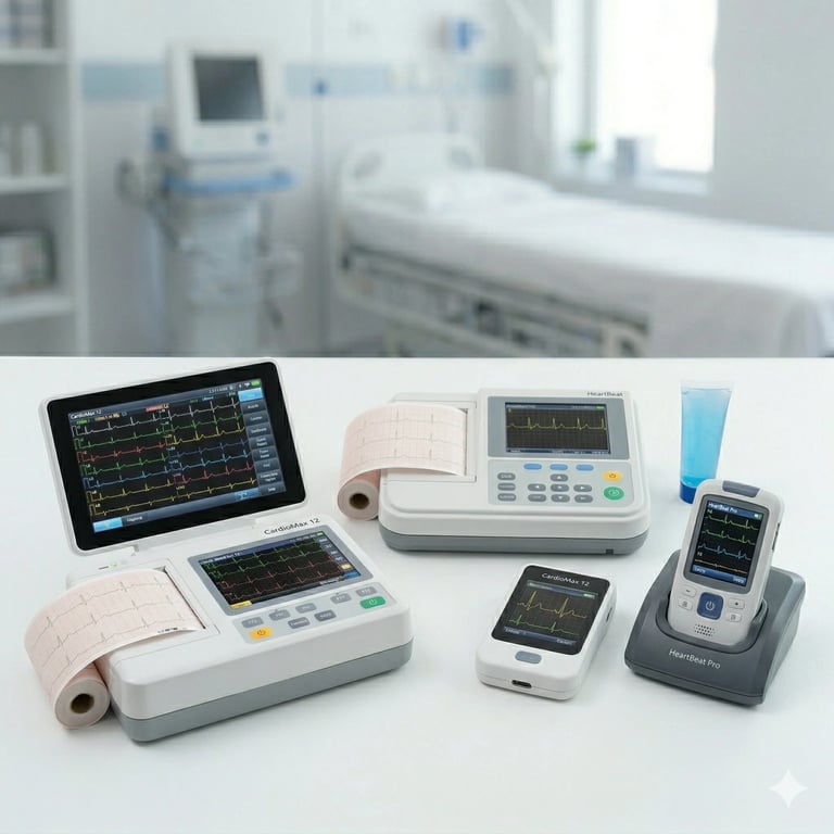 Collection of medical ECG and cardiac monitoring devices displayed on a white surface with clinical room in background