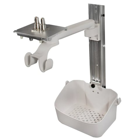 White and gray medical sink station with articulating arm and stainless steel basin on adjustable vertical pole
