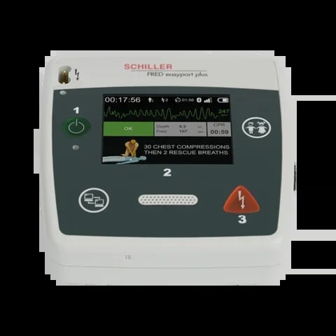 Schiller FRED AED defibrillator device with display screen showing timer and CPR instructions