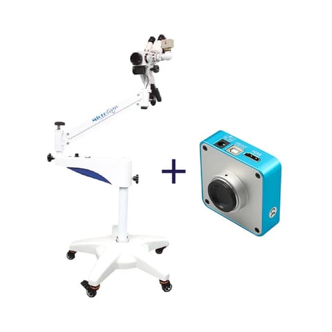 Dental microscope with mobile stand and blue digital camera attachment