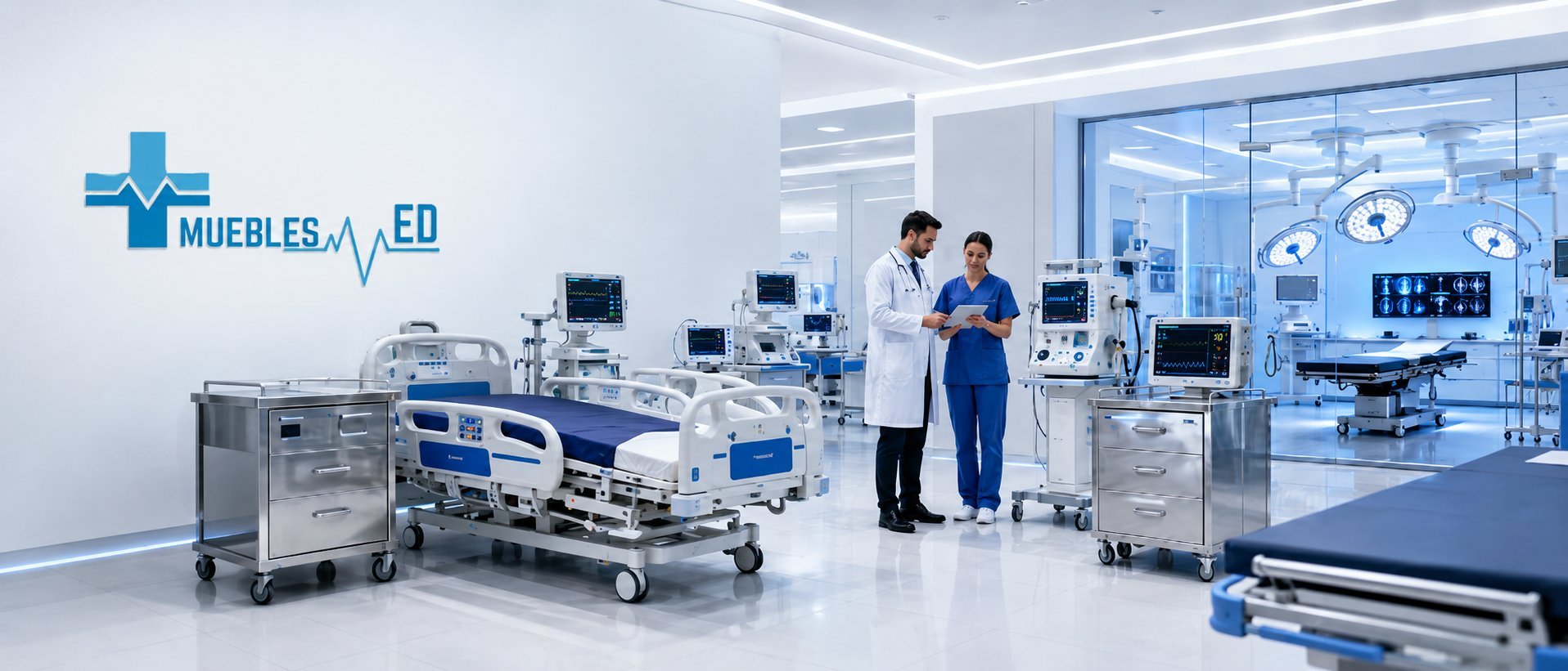 Modern hospital room with medical equipment and two healthcare professionals in white coat and blue scrubs