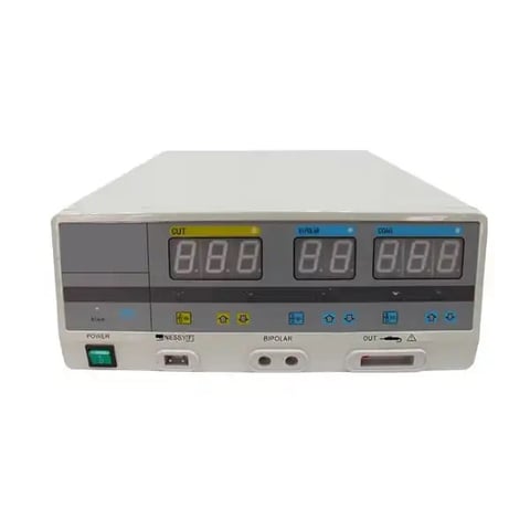 Vintage laboratory power supply unit with multiple digital displays, control buttons, and output ports on beige front panel