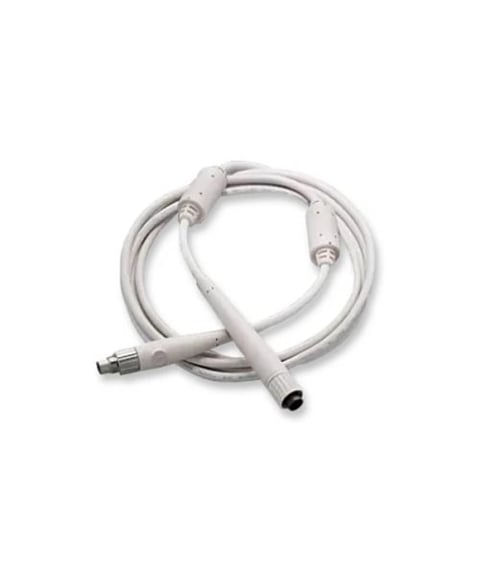 White coiled cable with male and female connectors on ends, used for video or audio equipment connections