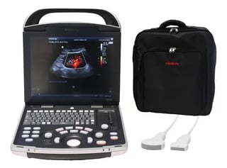 Portable ultrasound machine with keyboard and controls, black carrying case, and two transducer probes