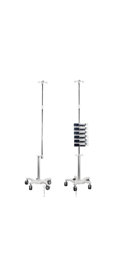 Two medical IV stands side by side. Left stand is empty with single pole. Right stand has multiple dark IV bags hanging from horizontal bar.