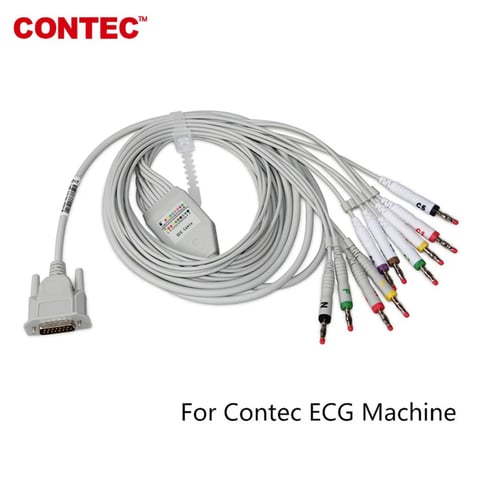 Contec ECG machine cable with multiple colored lead wires and connector head on white background