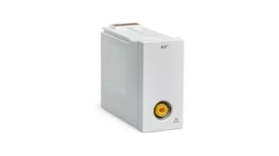 White rectangular air purifier with yellow power button and handle on top