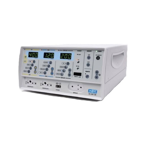Medical electrosurgical unit with three digital displays and control panels for surgical power settings