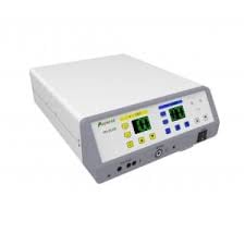 Medical electrosurgical unit with digital display panel and control buttons, used for surgical procedures