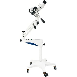 White and blue surgical operating microscope on wheeled mobile stand with binocular eyepieces and articulated arm