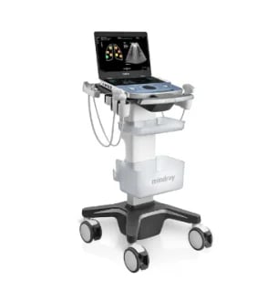 Medical ultrasound machine with monitor, keyboard, and transducers on wheeled white stand