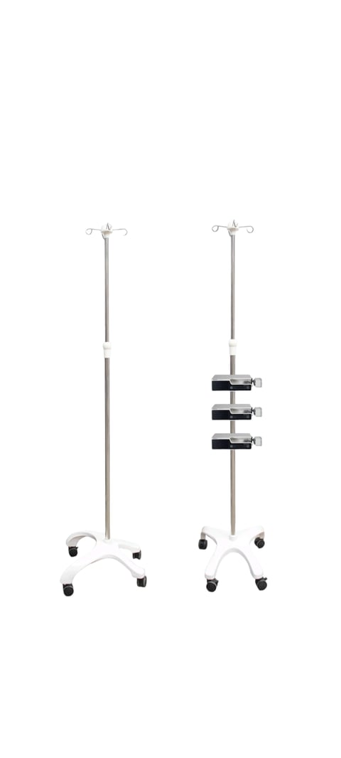 Two medical IV stands with wheeled bases. Left stand is empty, right stand has multiple hanging bags mounted on metal clamps.