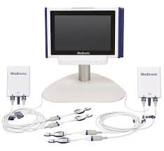 Flat-screen monitor on white pedestal stand with organized cables, media inputs, and microphone connections displayed below