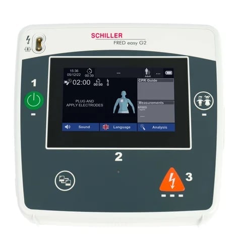 Schiller FRED easy G2 automated external defibrillator with touchscreen display and numbered control buttons