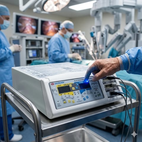 Surgeons hand adjusting electrosurgical unit in operating room with surgical team and equipment in background