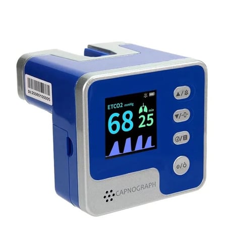 Blue and white Capnograph capillary CO2 monitor displaying readings of 68 and 25 on digital screen with control buttons