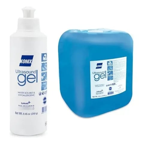 Two bottles of Konix ultrasound gel - a white 250ml bottle and a large blue container
